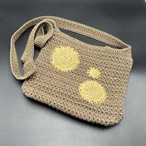 Vintage "The Sak" Tan Brown Crochet Yellow Sunflower Crossbody Purse 10"x9"